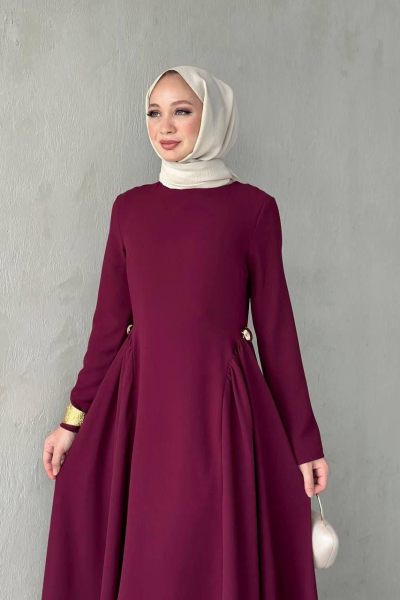 Kadın Bordo Krep Kumaş uzun Tesettür Elbise